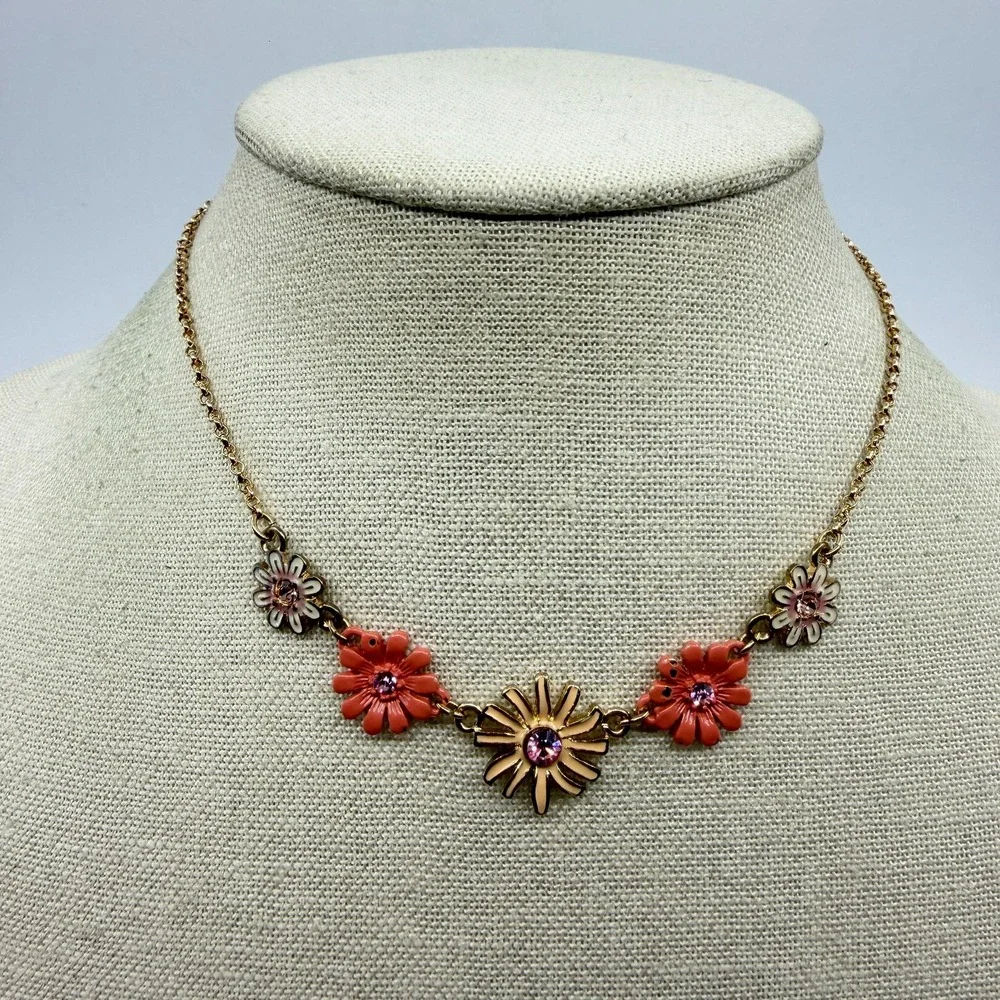Gold Tone Pink Floral Rhinestone Necklace Daisy Coquette Cottagecore Gift